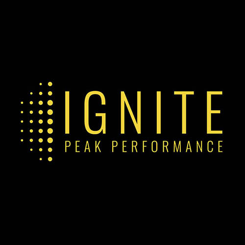 Ignite Peak Performance logo with yellow dots in vertical lines increasing in length from left to right on the left hand side of the large words that read ‘IGNITE peak performance’ against a black background