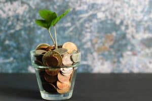 Image of sprout growing from a cup of change