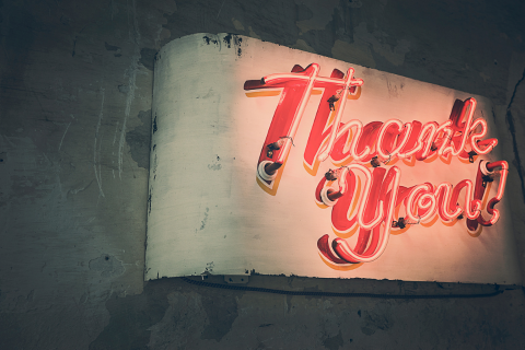 Neon Thank You sign to symbolize gratitude in a time of uncertainty
