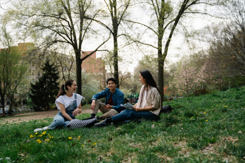 Students on college campus lawn.