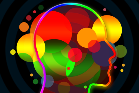 Colourful cartoon image of a human head with designs to represent science and mental strengths